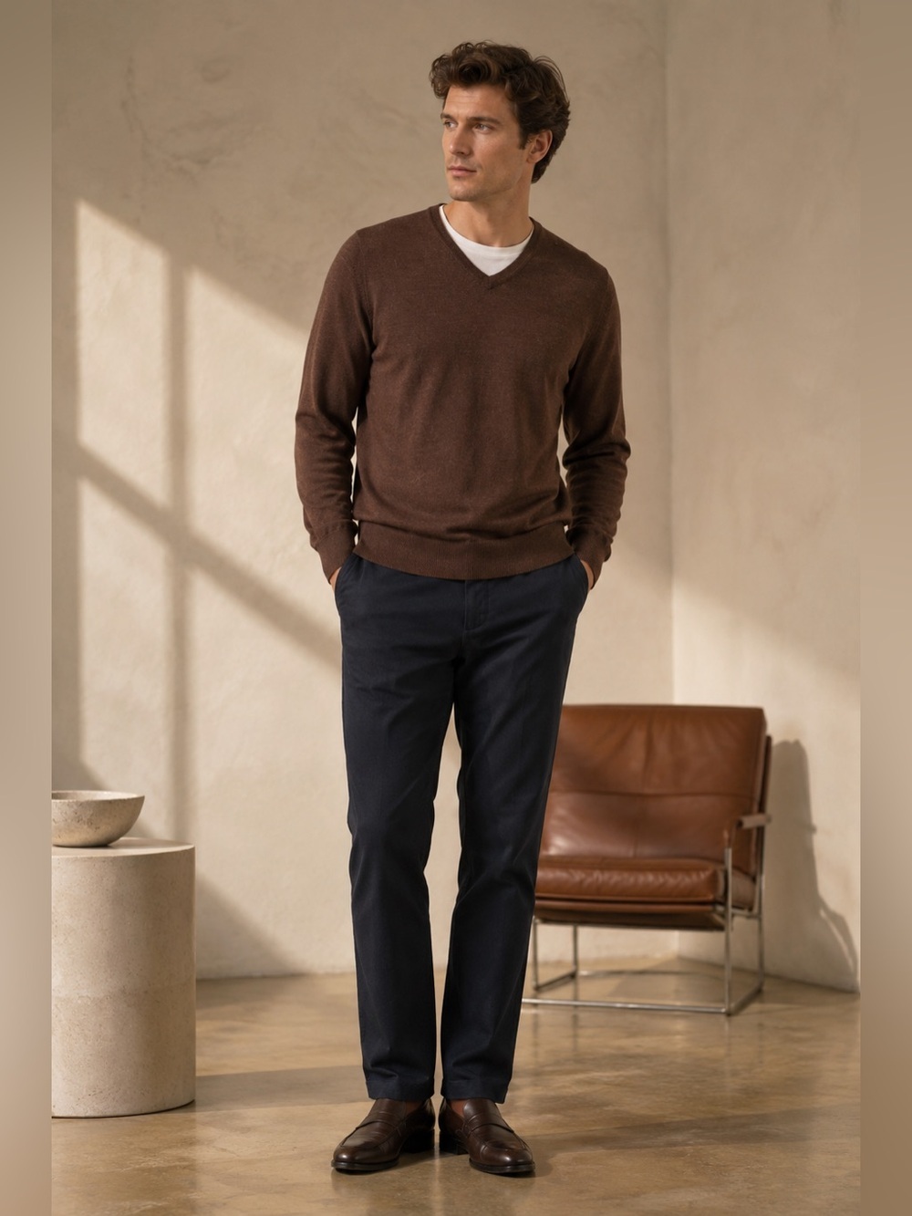 J.Crew Merino Wool V-Neck Sweater Mens Medium Brown Slim Fit Business Casual